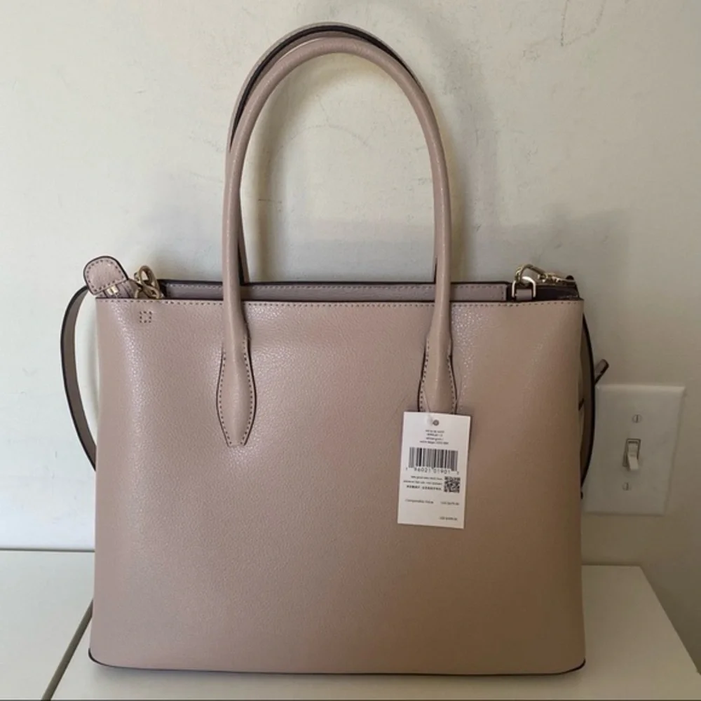 Kate Spade Cream Tan Leather Medium Top Zip Structured Tote Satchel Bag
